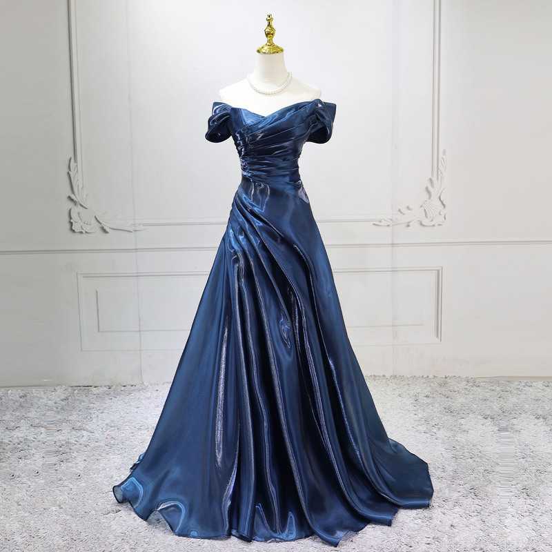 High-End One-Shoulder Dark Blue Satin Slim-Fit Vocal Performance Exam Evening Dress for Coming-Of-Age Ceremony Host