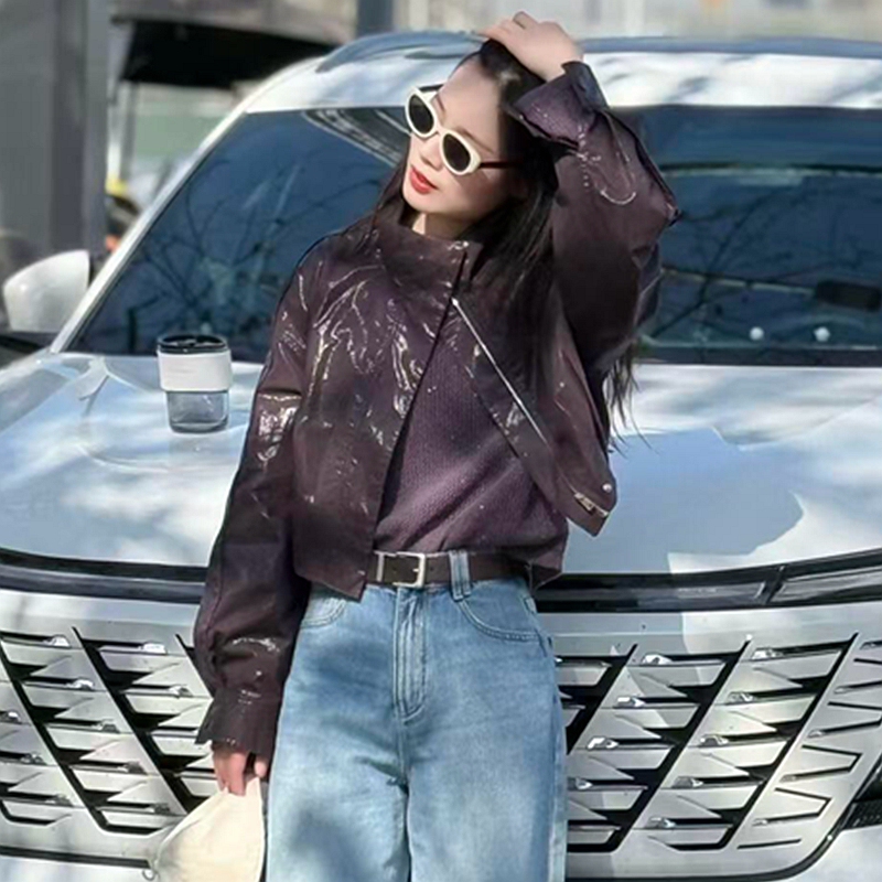 Di Mall Same Style 2026 Stand Collar Short Jacket for Women, Loose Fit Versatile Black Zip-Up Jacket Top 1318/1322