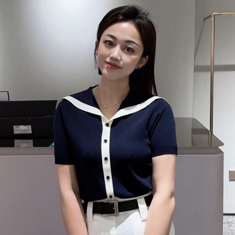 Fashion 2026 Summer College Style Navy Collar Contrast Color Knitted Cardigan Short Sleeve Button Sweater Top 2474