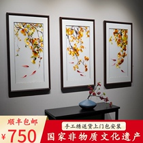 Su embroidery finished hanging painting triple ginkgo fish embroidery pure hand decorative painting porch Corridor 1 to 4 silk can be customized