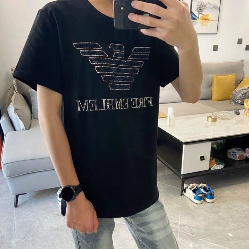 American-Style Rhinestone Short-Sleeve T-Shirt for Men, Heavyweight Trendy Summer Top, Casual Half-Sleeve Clothing American-Style Rhinestone Short-Sleeve T-Shirt for Men, Heavyweight Trendy Summer Top, Casual Half-Sleeve Clothing