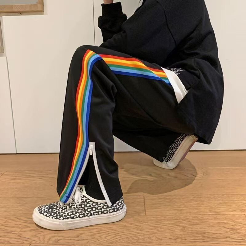 Summer New Style Trendy Rainbow Striped Webbing Unisex Casual Sports Versatile Long Pants Light Luxury Straight-Leg Pants