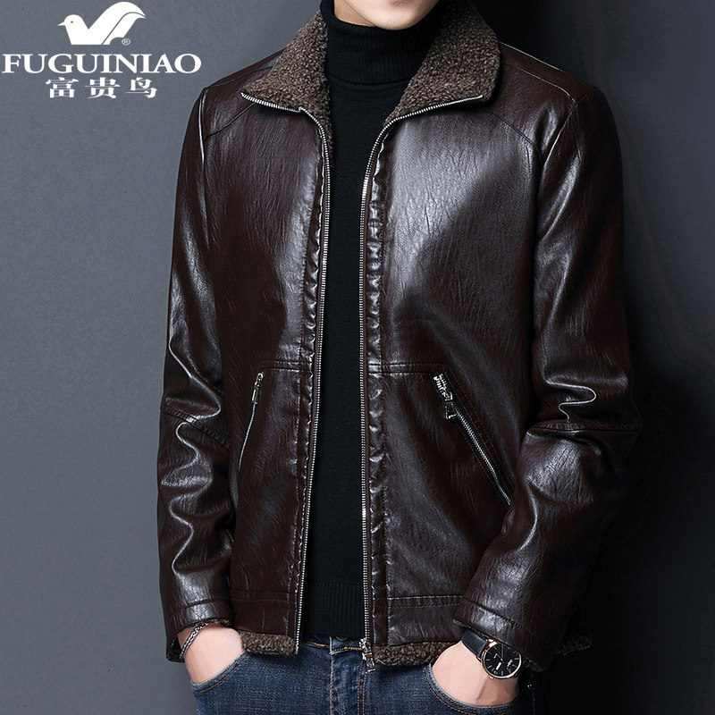 Rich Gui Bird Autumn Winter Leather Jacket Man's short style Handsome Gas Locomotive Conserved with Thickened Fur Integrated Leather Coat Jacket Man