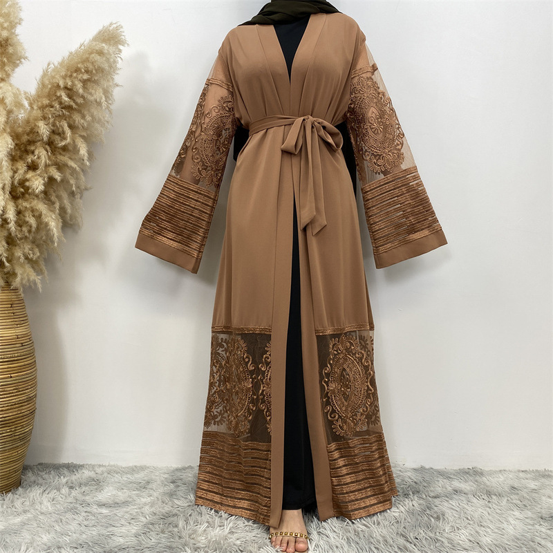 European and American Fashion Popular Cardigan Women's Embroidered Mesh Robe Moroccan Iranian Dress Long Gown
