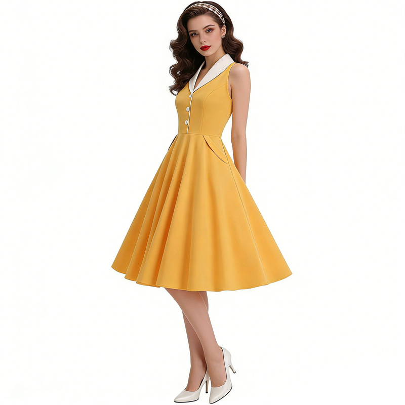 Hong Kong Style Vintage-Inspired V-Neck Dress with a Sweet and Nostalgic Feel, Sleeveless, Color-Blocked, Waist-Cinching, Flared Dress for Annual Parties Hong Kong Style Vintage-Inspired V-Neck Dress with a Sweet and Nostalgic Feel, Sleeveless, Color-Blocked, Waist-Cinching, Flared Dress for Annual Parties