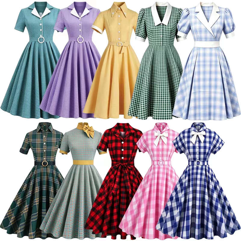 Retro Hong Kong Style 80S-Inspired Plaid Dress with a Large Hem, Suitable for Bridesmaids, Wedding Morning Gowns, and Mid-Length Dresses