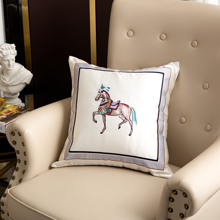 American light lavish emulated silk Summer embroidered Embroidered horse with pillow-like plate Waist Pillow Cushion Real Leather Sofa Backrest
