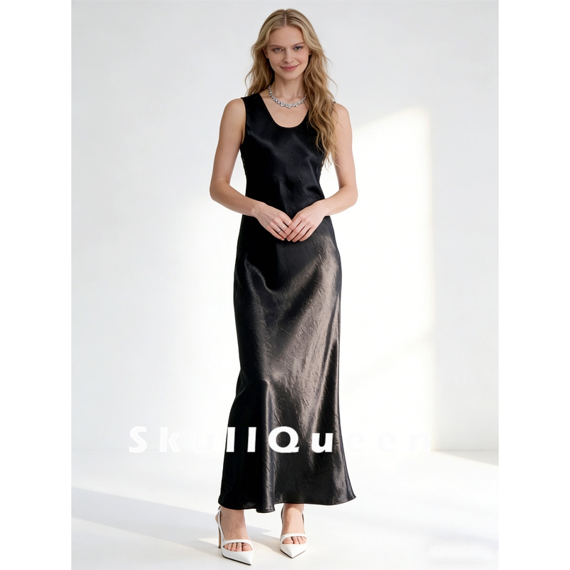 Imported Full Acetate Textured U-Neck Sleeveless Vest Dress, Daily Work Commute Long Dress, Women's Banquet Evening Dress Imported Full Acetate Textured U-Neck Sleeveless Vest Dress, Daily Work Commute Long Dress, Women's Banquet Evening Dress