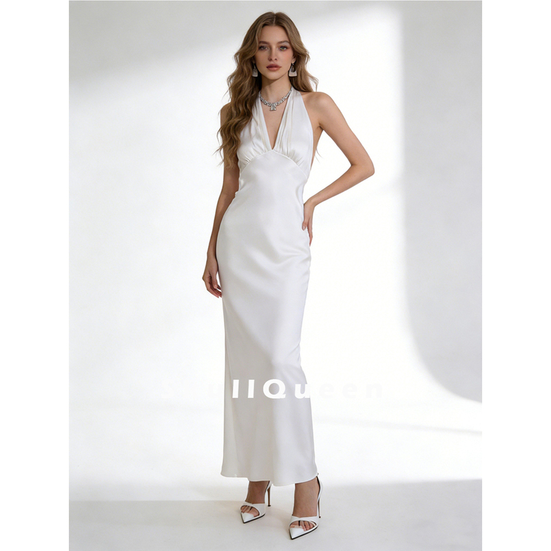 French Imported Acetate Satin Sleeveless Deep V Backless Sexy Dress with Bias-Cut Waist-Cinching Long Skirt Wedding Evening Dress