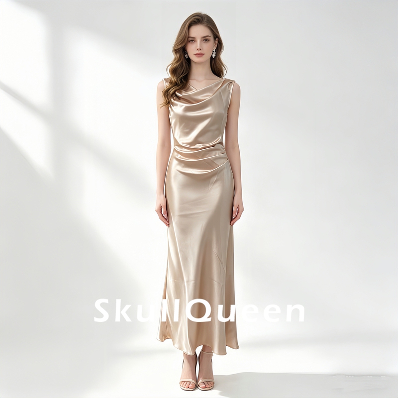 Socialite-Style Imported Acetate Satin Sleeveless Dress with a Draped Neckline, Bias-Cut Pleated Waist-Cinching Long Dress for Women's Banquet Evening Gown