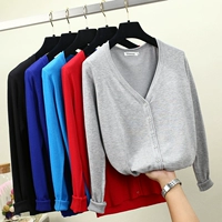 Áo len cổ lọ 2018 mùa thu mới áo len ngắn cardigan in nữ hàn quốc gió áo len màu xám ao len