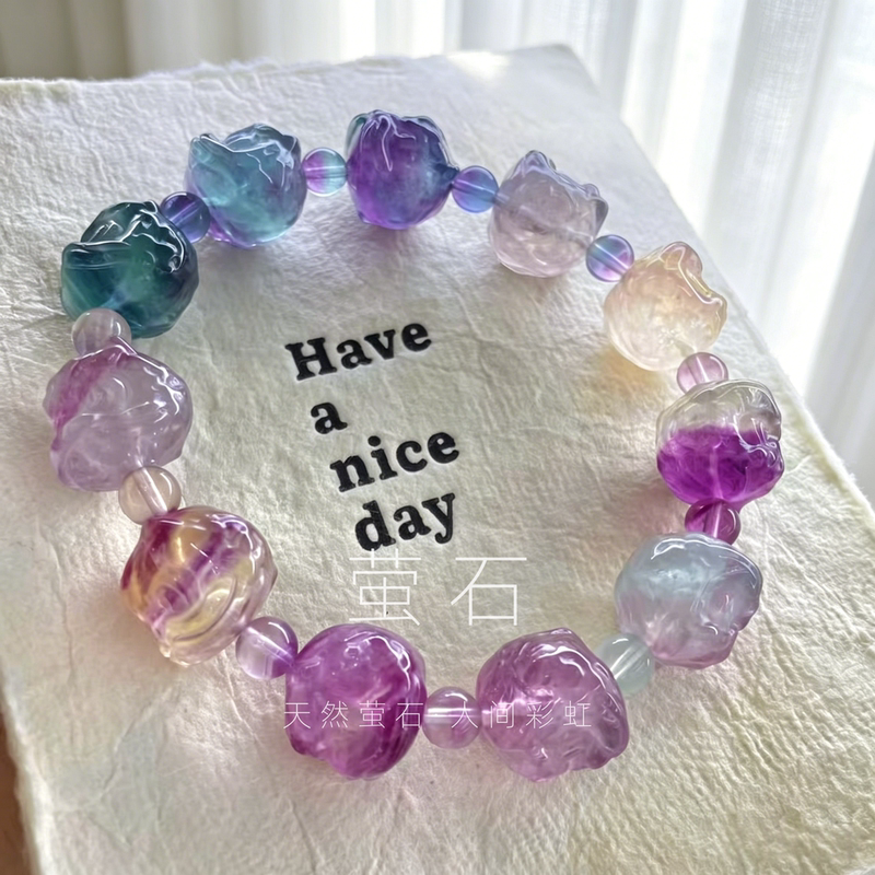 Natural Colored Fluorite Lion Bracelet, Fortune-Attracting and Blessing Ice-Clear Fluorite Carved Bracelet, Women's Jewelry Gift