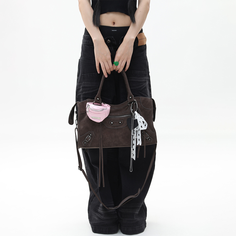 Jianzhuo / Limited Edition Suede Brown Paris Rivet Biker Bag Retro Commuter Shoulder Crossbody Bag