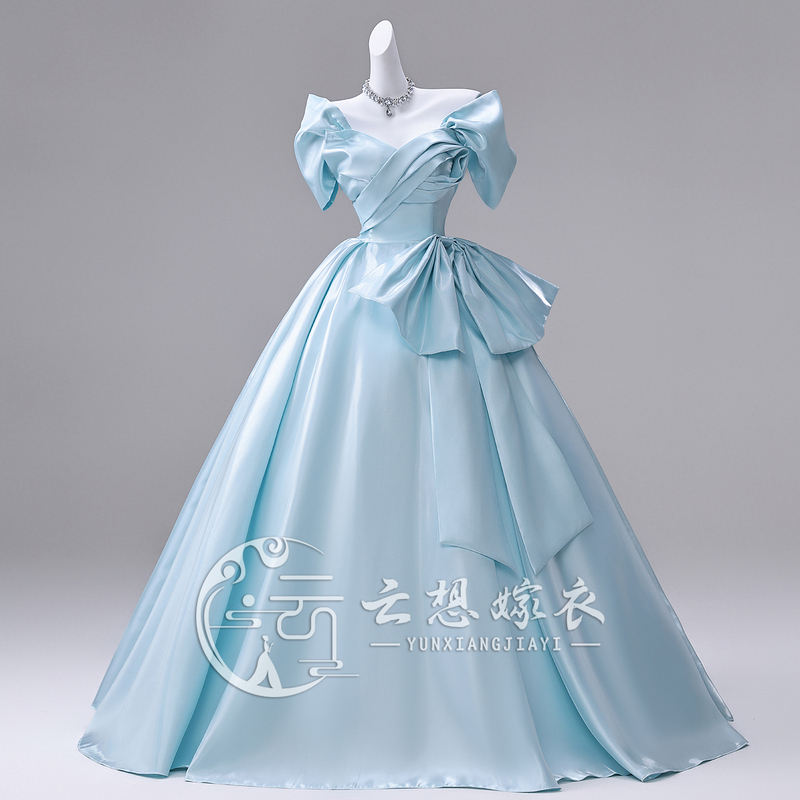 Cloud Dream Home High School Student Art Exam Graduation Host Sky Blue Satin 18-Year-Old Coming-Of-Age Ceremony Girl Evening Dress Gown for Women Cloud Dream Home High School Student Art Exam Graduation Host Sky Blue Satin 18-Year-Old Coming-Of-Age Ceremony Girl Evening Dress Gown for Women