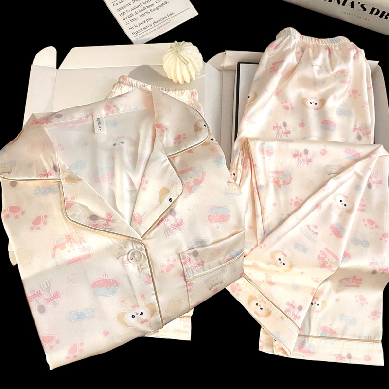 Internet-Famous Cartoon Chef Dog Ice Silk Pajamas for Women, Summer Thin Style, Cute Student Homewear, Autumn and Spring Three-Piece Set
