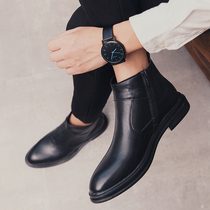 Mens Korean version trendy leather boots Inlenty wind pointed short boots with high upper helping mens boots Martin boots High helping leather shoes