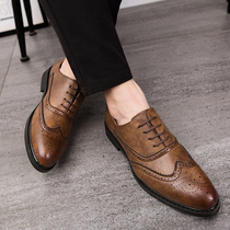 Inlen Retro Business Positive Dress Leather Shoes Mens Korean Version Fall Casual Heightening Mens Shoes Breathable Burlock Sculptures Flower Tide Shoes