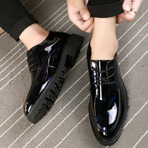 Mens Pointed Hair Stylist Yingren Trend Small Leather Shoes Nightclub Bright face Han version Lacquer Leather Personality Breathable Business Mens Shoes