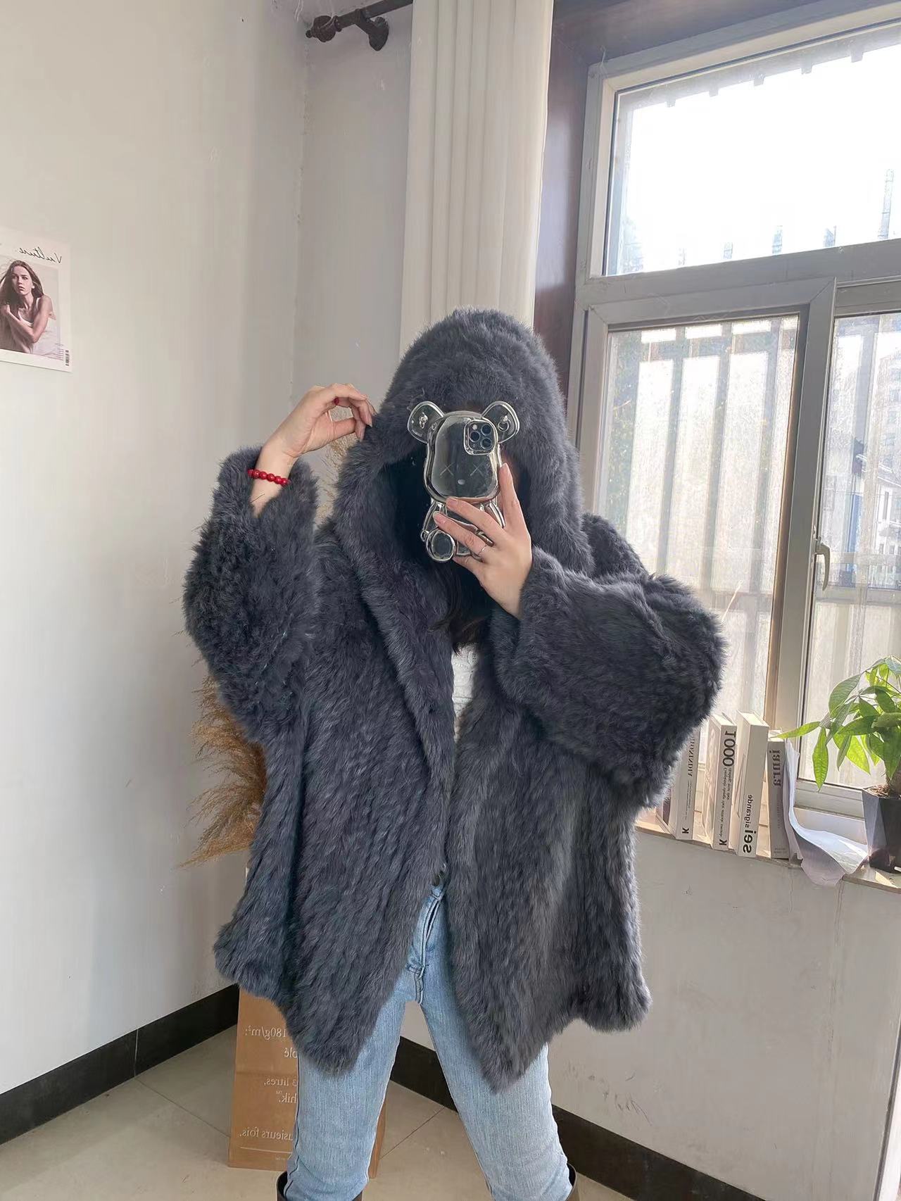 Imported whole fur rex rabbit fur woven bat sleeves loose lazy style net red style rabbit fur mid-length