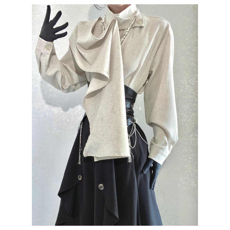 Unisex High-End French-Style Stand-Up Collar Shirt with Ribbon, Unisex Half-High Collar Scarf Design, Niche Loose-Fitting Shirt