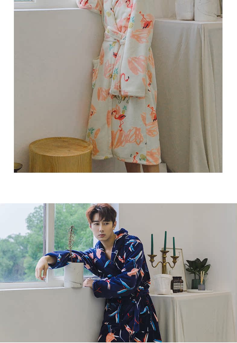 Mùa thu và mùa đông flannel mới trong đoạn dài áo choàng nam và nữ Phiên bản Hàn Quốc của cặp đôi đồ ngủ dài tay dày màu hồng san hô dày áo ngủ nam