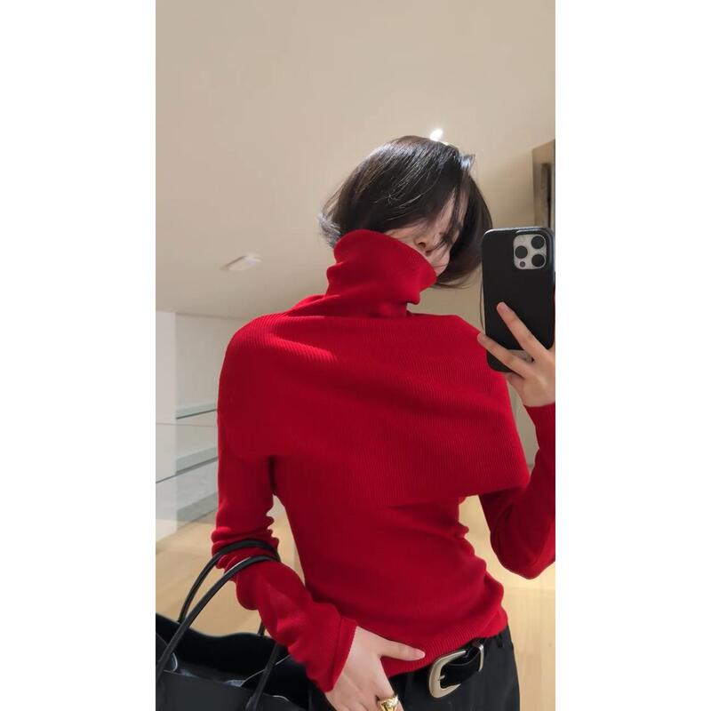 Cashmere Sweater Red Turtleneck Cape Sweater for Women Autumn and Winter Lazy Style High-End Top French Style Inner Knitwear Cashmere Sweater Red Turtleneck Cape Sweater for Women Autumn and Winter Lazy Style High-End Top French Style Inner Knitwear
