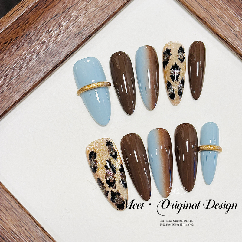 Meet Original Autumn and Winter Haze Blue Melard Leopard Print Retro Korean Style Chocolate Brown Hot Girl European and American Nail Wearable Nails