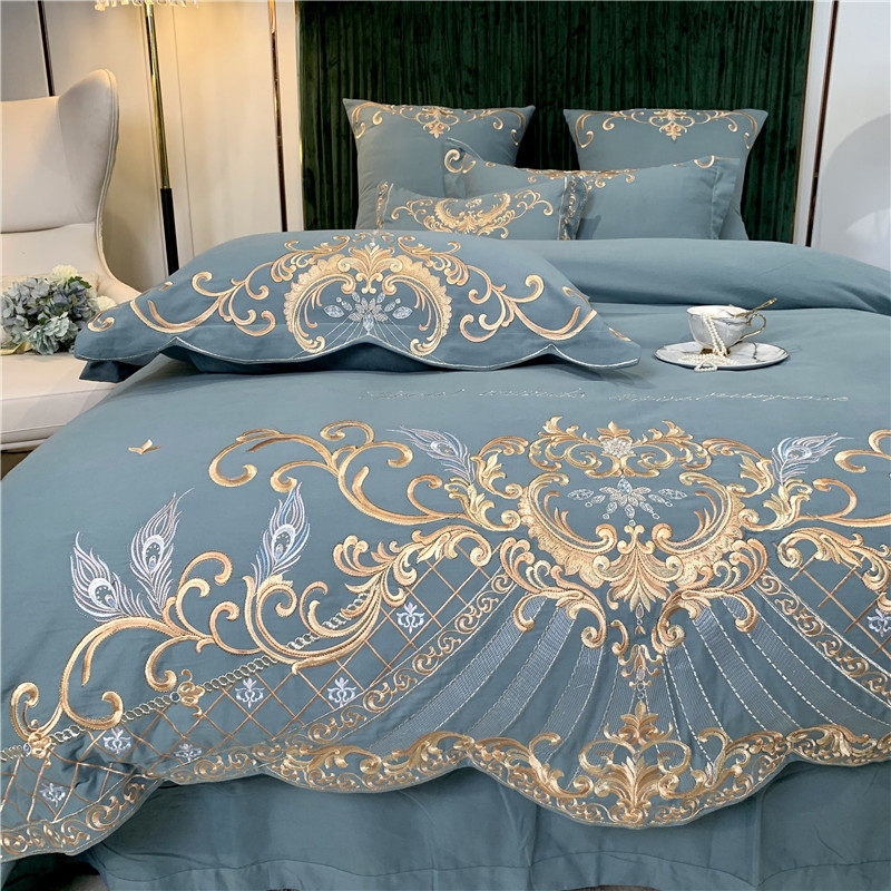 Autumn and winter thickened cotton brushed four-piece set 100 pure cotton bed sheet quilt cover European embroidery luxury high-end wedding 4 pieces