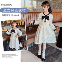 Bow Tie Children Lace Dress Spring Style 2022 New Girl Mid-Length Dress Spring Dress Mid-Dress Mid-Skirt Tide