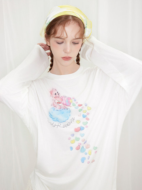 Soirreverie White Rainbow Candy Print Thin Sun Protection Long-Sleeved T-Shirt Basic Versatile Round Neck Top for Women