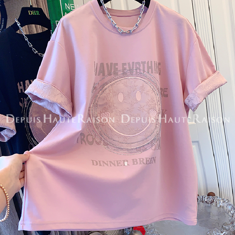 Plus Size Women's Regular Shoulder 120kg Large Size Smiley Face Embroidery Rhinestone Jacquard Patchwork Short-Sleeve T-Shirt Summer Pink Top for Women