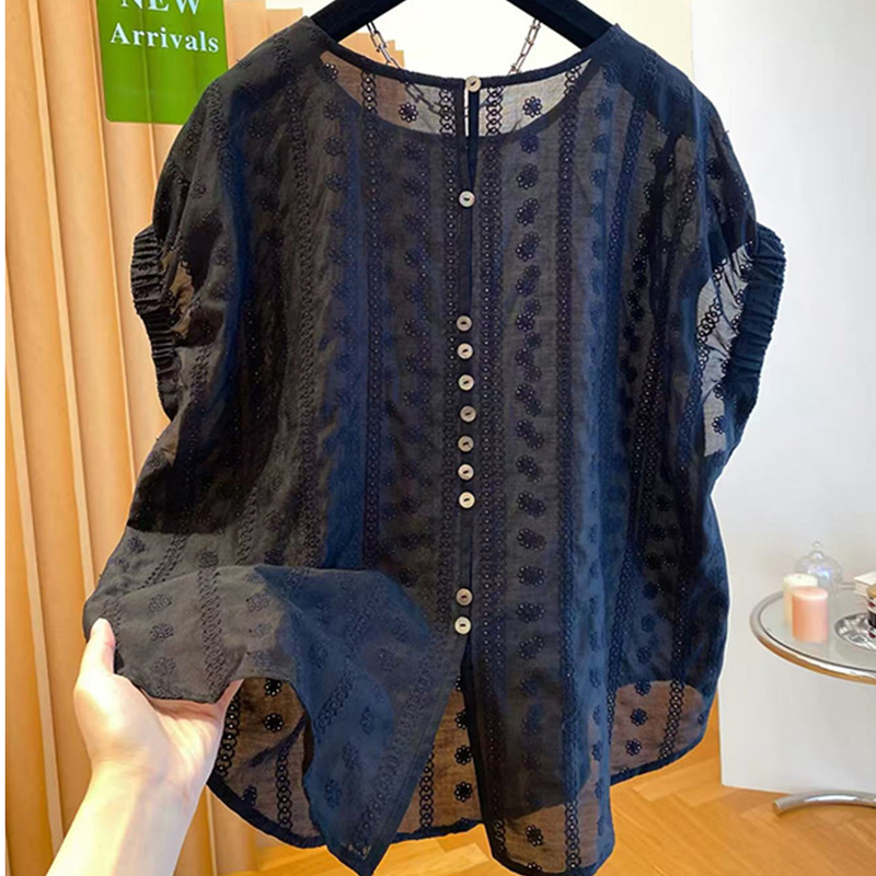 Black Lace Shirt for Women, Short-Sleeved, 2026 New Summer Style, Loose, Lightweight, Stylish, Unique, Chic, Very Attractive Top