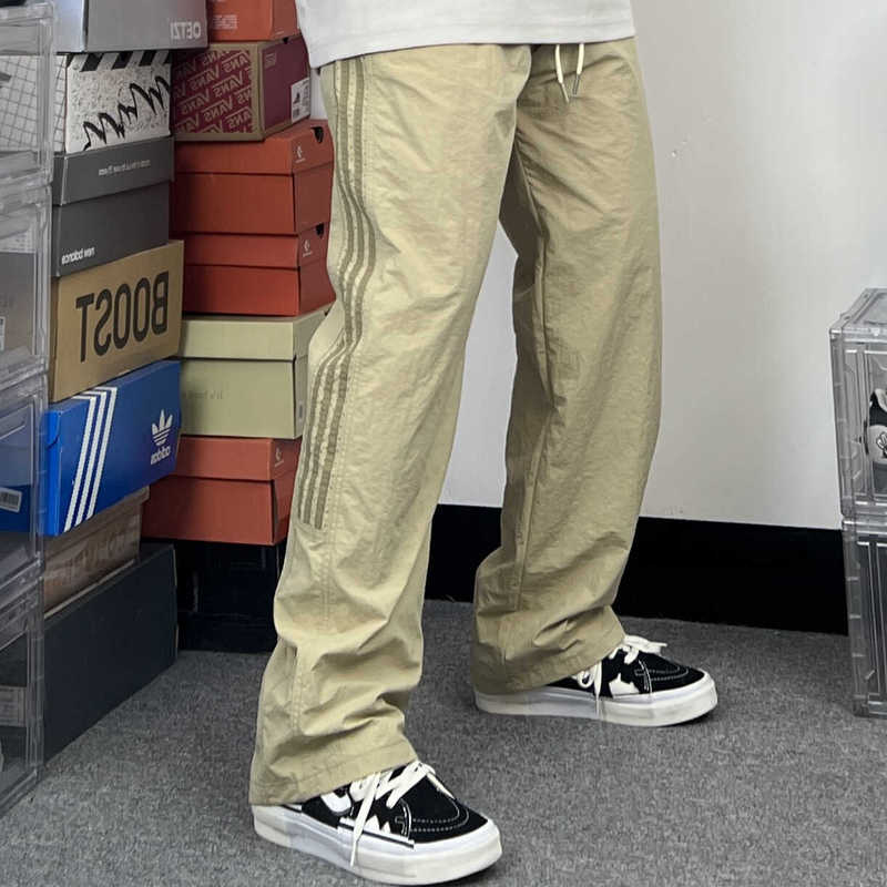 Binbin Pear American Retro Drawstring Stripesd Pants Simple Men's Loose Straight Summer Trendyy Fashionable Casual Pants
