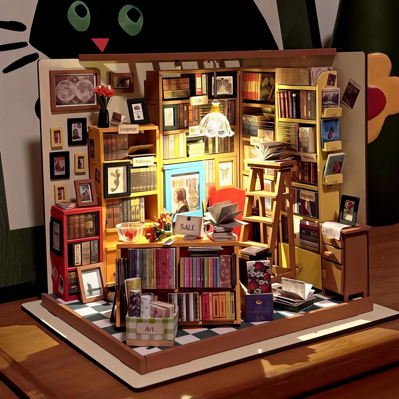 Rolife Ruolai Sam's Bookstore DIY Handmade Cabin Art House Miniature Scene House Model Birthday Gift