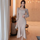 New fishtail skirt fashion suit autumn high-end lace square collar top slim-fit bag hip irregular half-length skirt