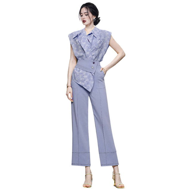 Commuter women's light and familiar suits High-end professional Hong Kong style printed shirts High waist wide-leg trousers Temperament Yujie style