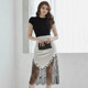 Goddess Fan suit 2022 new Korean version woven cuffs round neck T-shirt high waist lace stitching shiny skirt