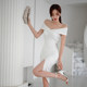 2022 summer Korean version of the goddess fan one-word collar off-the-shoulder short-sleeved slim dress waist sexy slit dress skirt