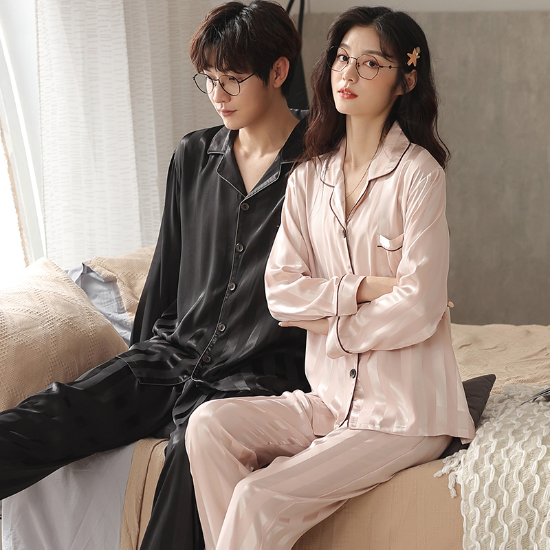 Couple's Pajamas, Spring and Autumn Style, Ice Silk Long-Sleeved Set That Can Be Worn Outside, One for Men and One for Women, Loungewear, 2025 New Model