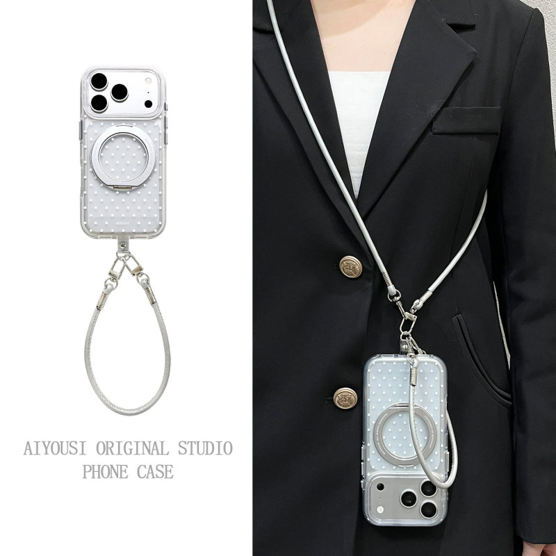 Casual and Sophisticated White Polka Dot 360-Degree Rotating Stand Suitable for Apple 17 Pro Max Phone Case iPhone 16 Pro Crossbody Hand-Held Leather Lanyard 17 Women 15 Pro Max Protective Cover