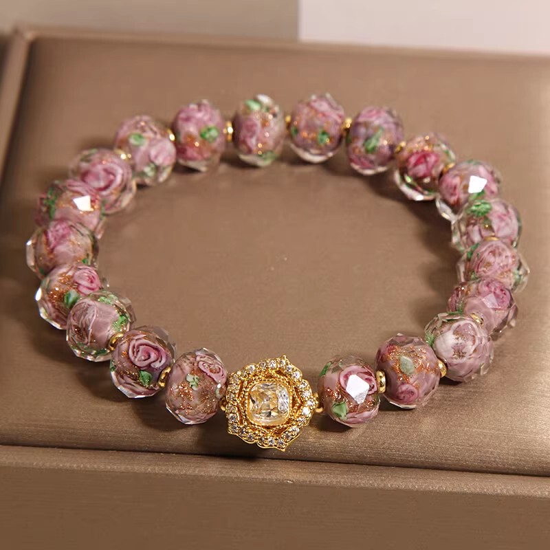 New Amethyst Bracelet for Women, Light Luxury, Niche, High-End, Versatile, Rose Flower Glass Bracelet