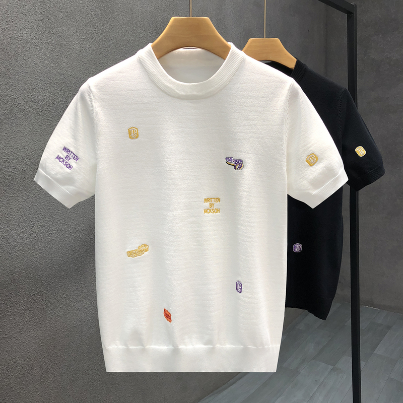 High-Quality Embroidered Thin Ice Silk Short-Sleeved Sweater for Men, Trendy Knitted T-Shirt, 2026 Summer New Men's Half-Sleeve