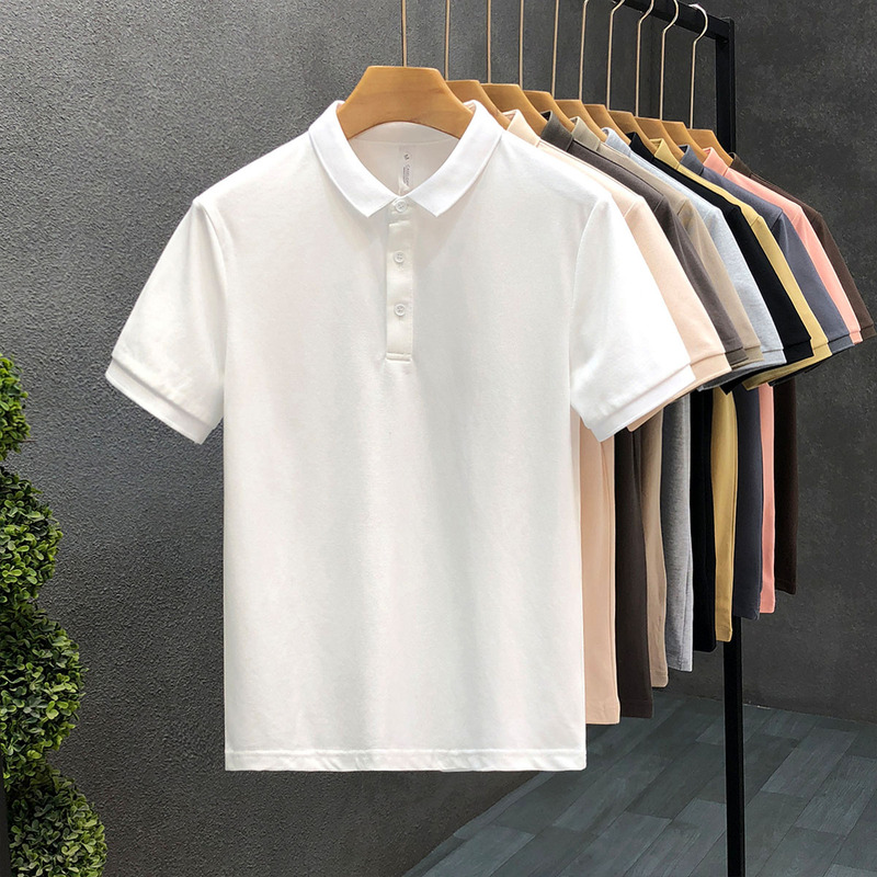 High-Quality Solid Color Polo Shirt Short-Sleeved Men's Summer Trendy Brand Turn-Down Collar T-Shirt Men's Versatile White Collared Half-Sleeve