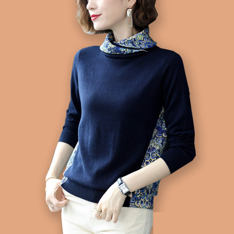 2022 turtleneck sweater ethnic style printed sweater middle-aged women's clothing autumn and winter foreign style cashmere bottoming shirt
