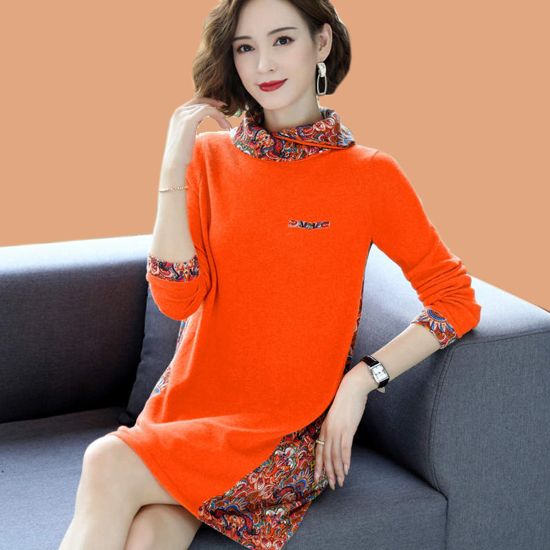 Ethnic style turtleneck cashmere sweater women's bottoming mid-length women's sweater skirt autumn and winter new print large size wool sweater