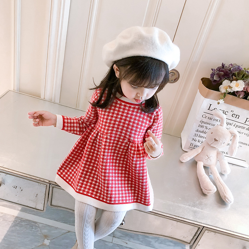 Váy len cho bé gái mùa đông 2018 Mới dành cho bé Áo kẻ sọc Tây trẻ em Plus Váy nhung đan đầm công chúa cho bé