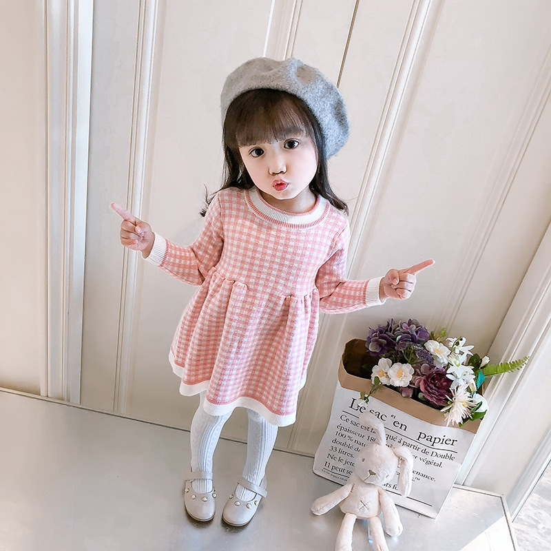 Váy len cho bé gái mùa đông 2018 Mới dành cho bé Áo kẻ sọc Tây trẻ em Plus Váy nhung đan đầm công chúa cho bé