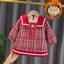 girl's red dress winter chanel style baby girl's western style thick fleece princess dress new year dress