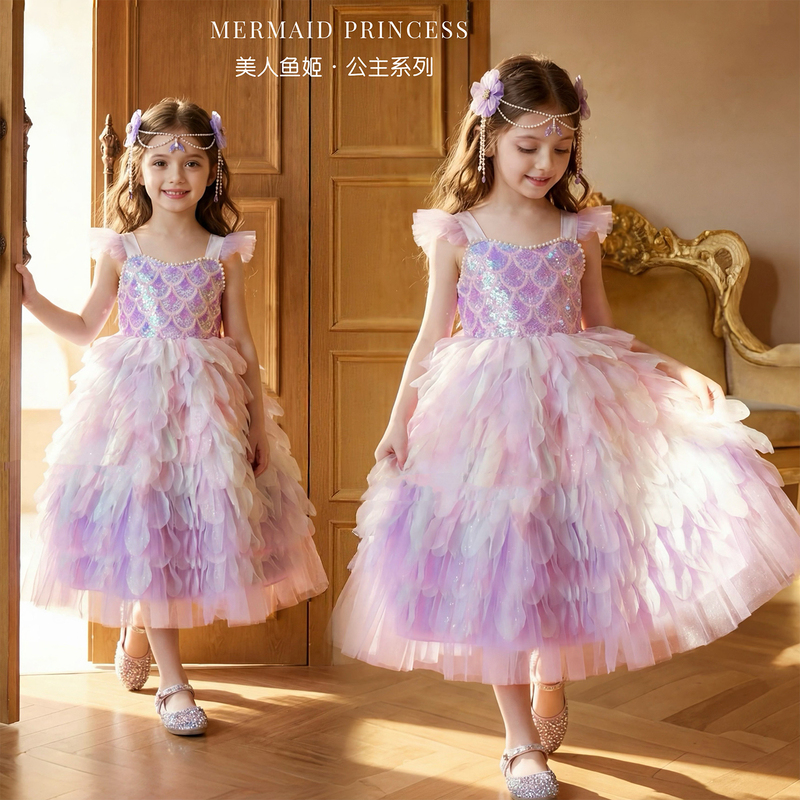 Girls Mermaid Princess Dress Summer Kidsren's Birthday Dress Little Girl Purple Gradient Mermaid Dress