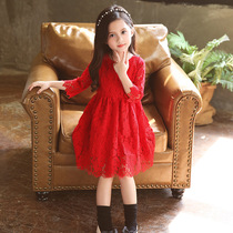 3 girls  autumn red lace princess dress 2021 new childrens 4 female baby skirt Western style dress 6 years old 7
